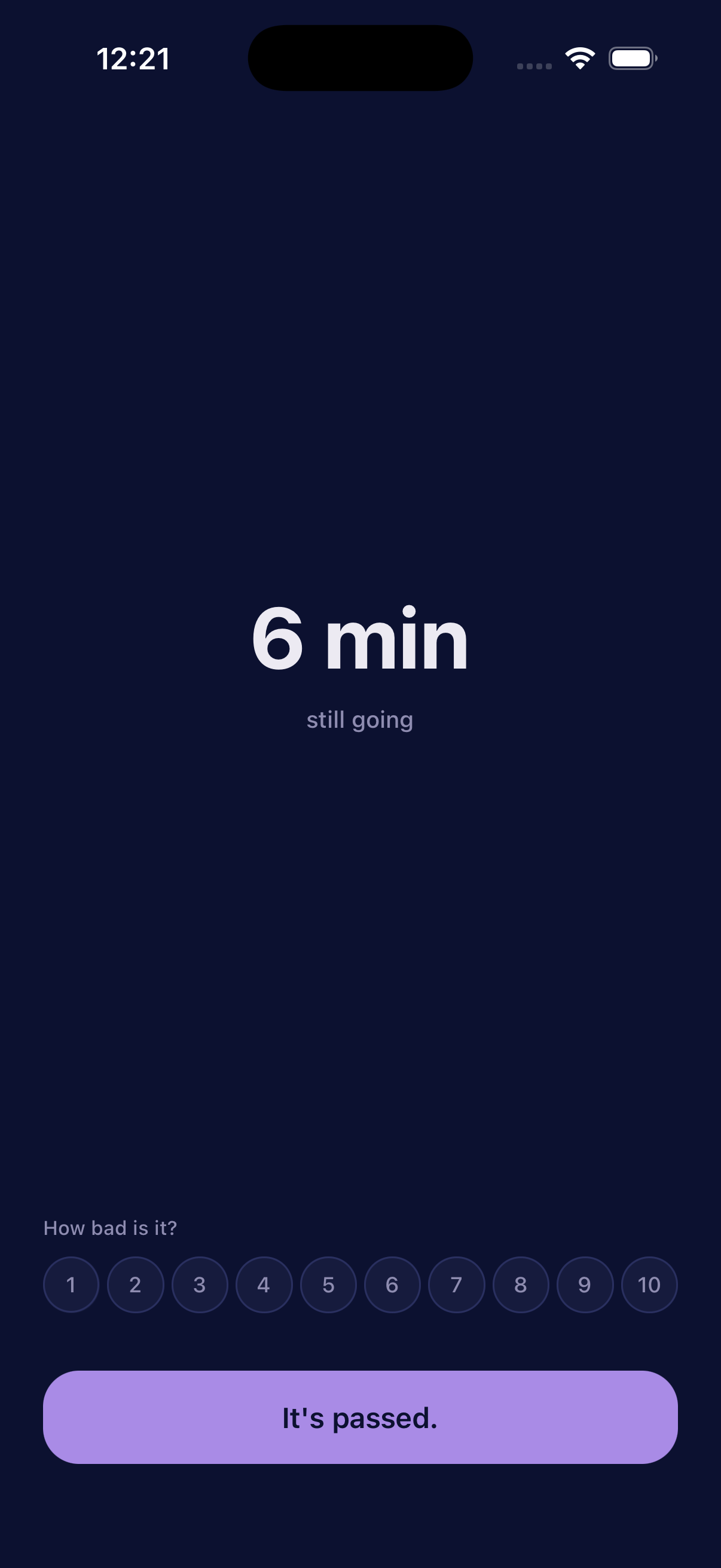 The active episode screen: a dim timer and the It’s passed button