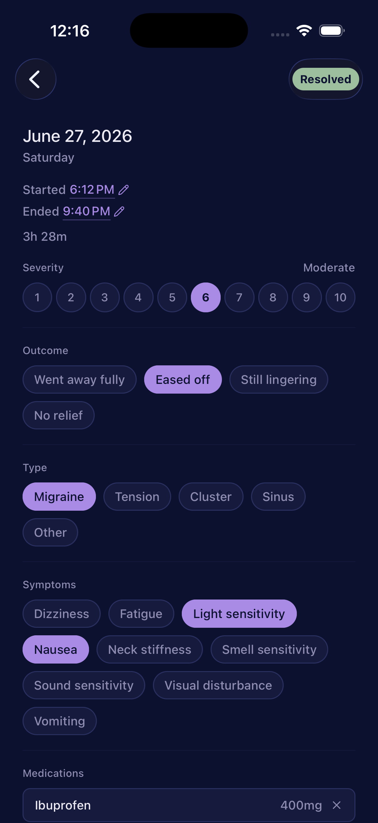 The episode detail screen with severity, outcome, type and symptom chips