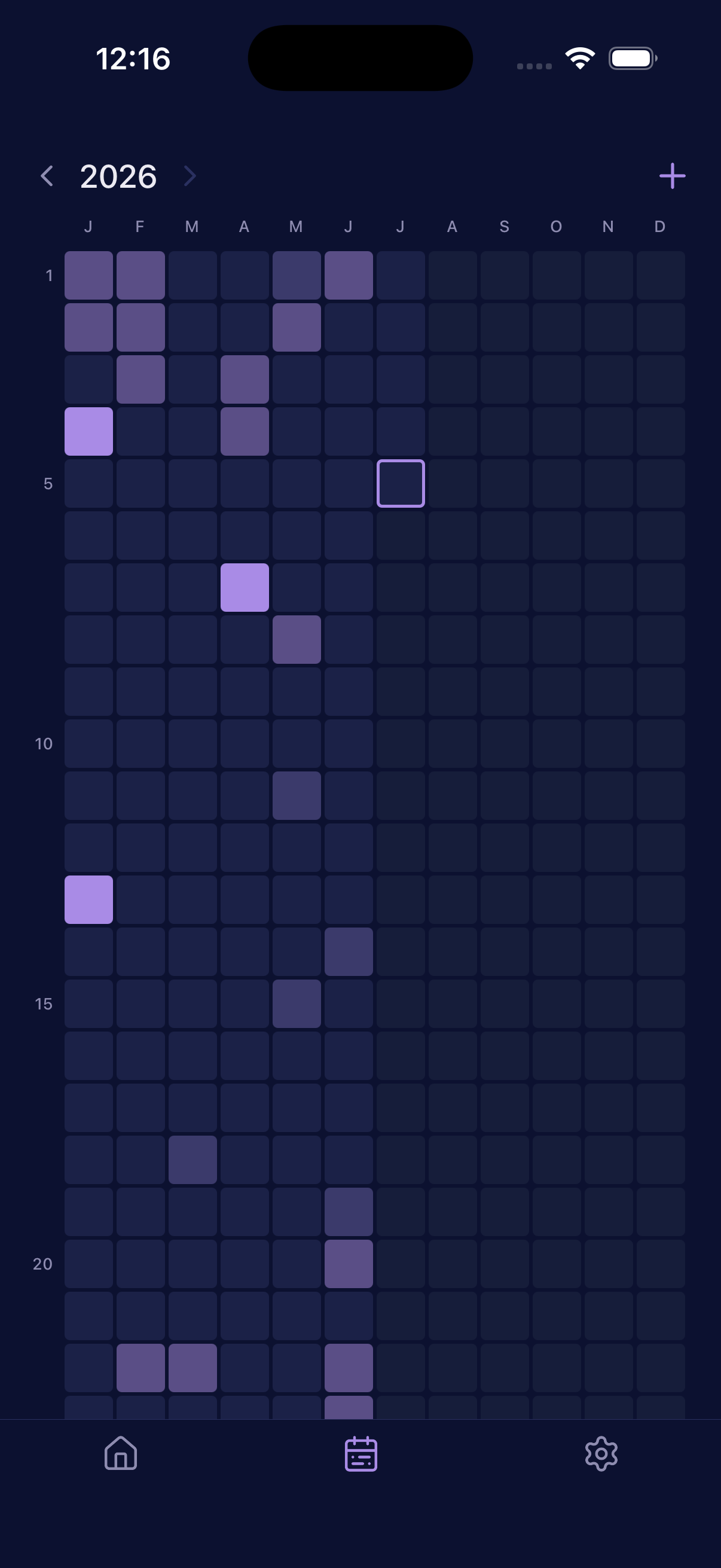 The history screen: a full-year heatmap shaded by severity