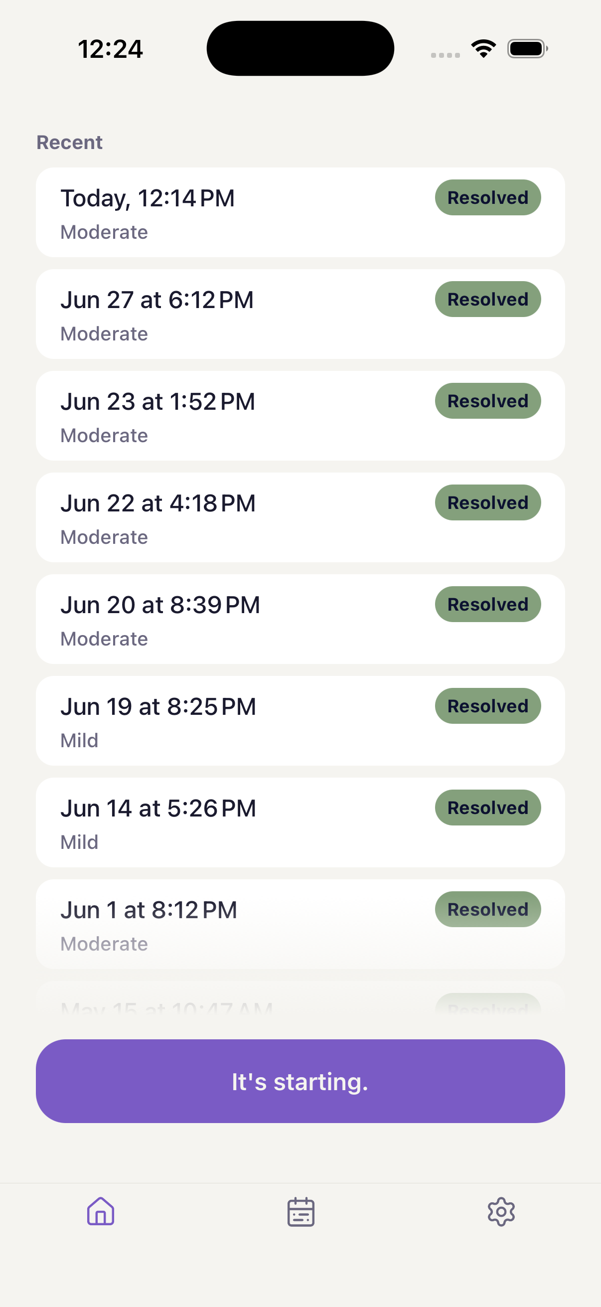 The ebb home screen